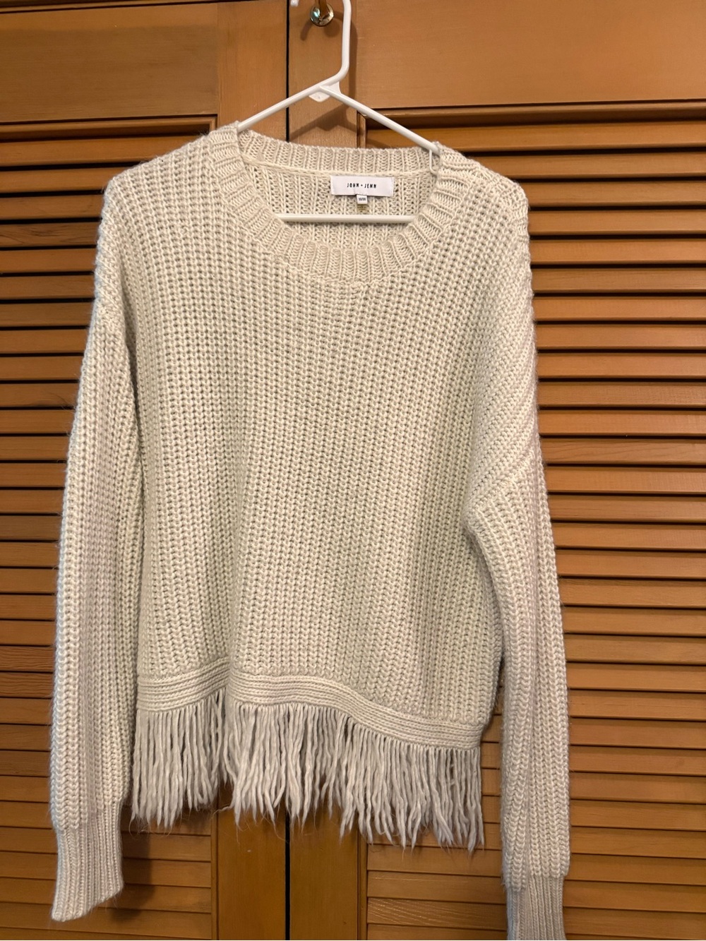 John + Jenn Cream Fringe-Hem Crew Sweater